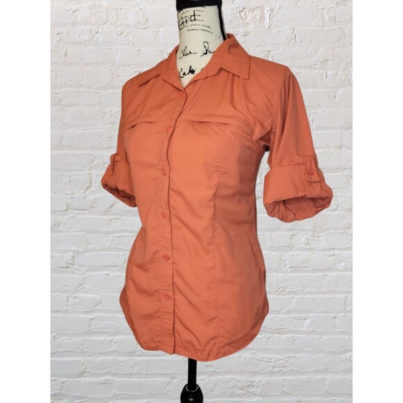 Columbia GRT Women’s Small Orange Outdoor Shirt Vented Hiking Fishing Tab Sleeve - Picture 2 of 6